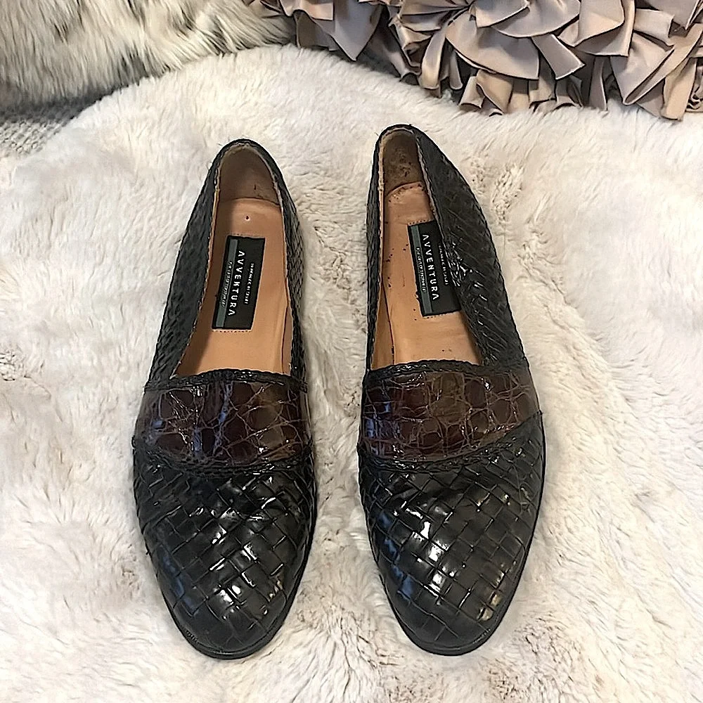 Aventura Men’s Black Brown Loafers  Embossed Woven Leather Handmade Spain Shoes